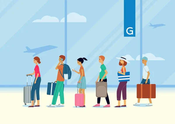 Μια ουρά από ανθρώπους, ταξιδεύοντας επιβάτες και τουρίστες στο αεροδρόμιο. — Διανυσματικό Αρχείο