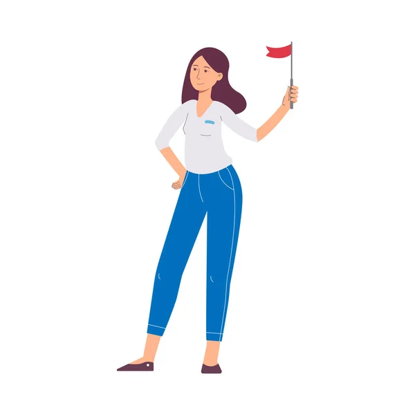 Un guide brunette caucasien attrayant jeune femme ou fille tenant un drapeau rouge . — Image vectorielle