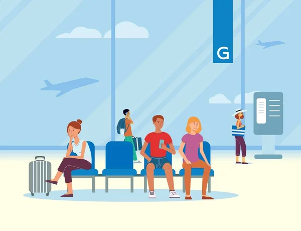 Sala de espera en el aeropuerto con pasajeros viajeros y turistas con equipaje . — Vector de stock