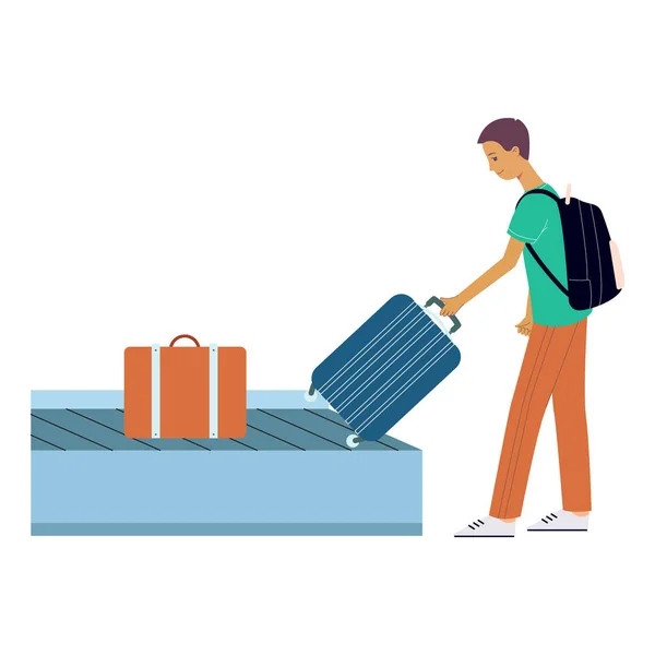 El turista de Brunet recoge su maleta sobre ruedas de la cinta de equipaje del aeropuerto . — Vector de stock