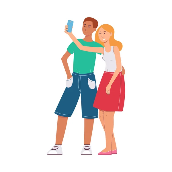 Een jong paar toeristen maakt een selfie met behulp van de camera telefoon in reizen, avontuur en Tour. — Stockvector