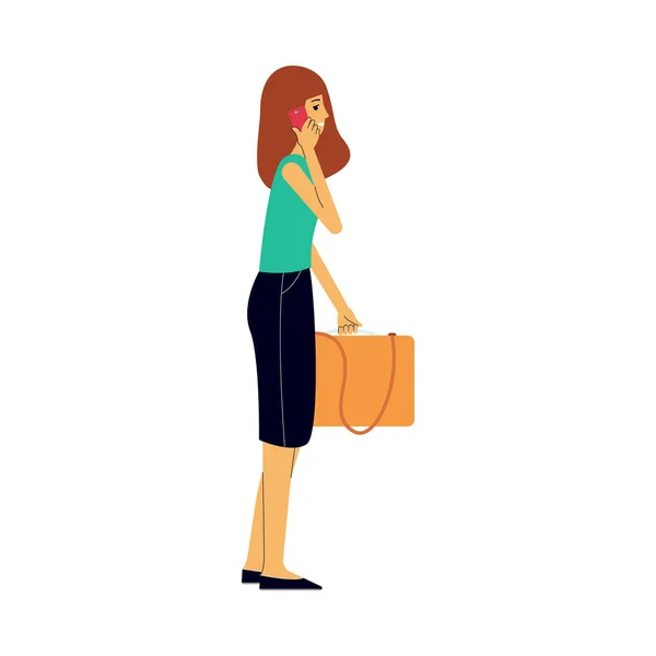 Una donna o una ragazza turista con una borsa va in un tour di viaggio . — Vettoriale Stock