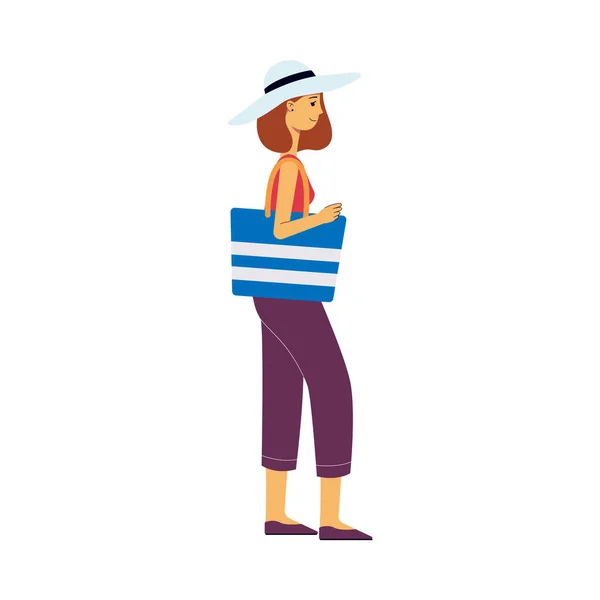 Una mujer o una turista en un sombrero con una bolsa va en un viaje . — Archivo Imágenes Vectoriales