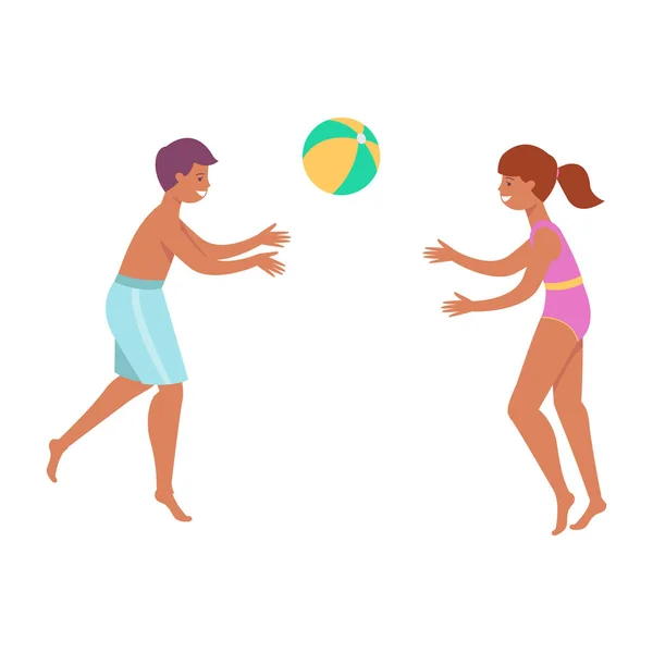 Παιδιά αγόρι και κορίτσι παίζουν με φουσκωτό παραλία μπάλα. — Διανυσματικό Αρχείο