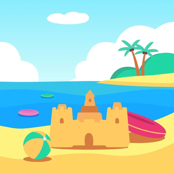 Un castillo de arena se encuentra en la playa junto al mar de verano junto a los juguetes infantiles . — Vector de stock