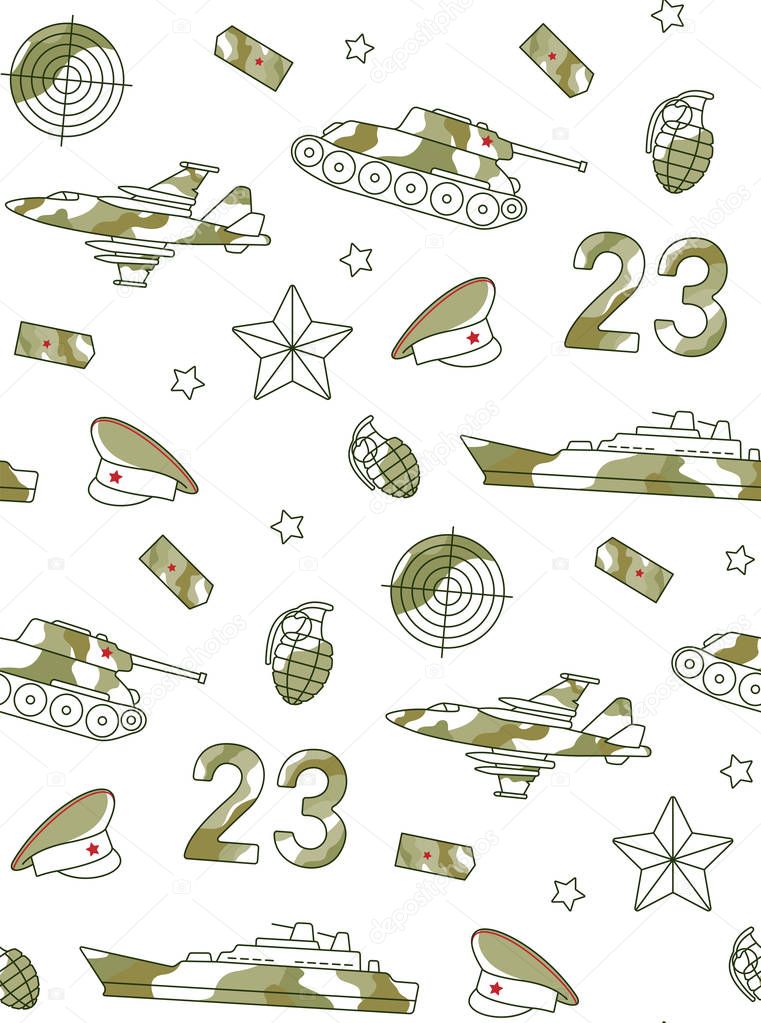Seamless pattern for Defender of Fatherland Day card with army, military objects.