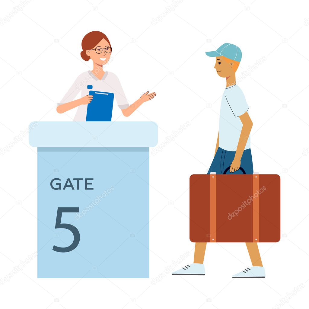 Young red haired tourist man with a suitcase passes to the gate at the airport.