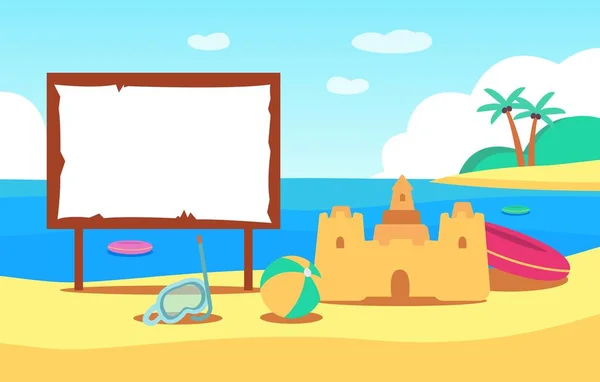 Un castillo de arena se encuentra en la playa junto al mar de verano junto a los juguetes infantiles . — Vector de stock