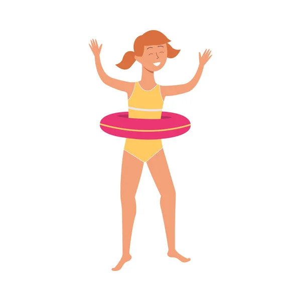Una chica saltando y sonriendo en un traje de baño y boya de vida inflable . — Vector de stock