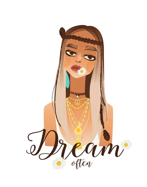 Slogan positivo e boho ragazza personaggio dei cartoni animati piatto vettore illustrazione isolato . — Vettoriale Stock