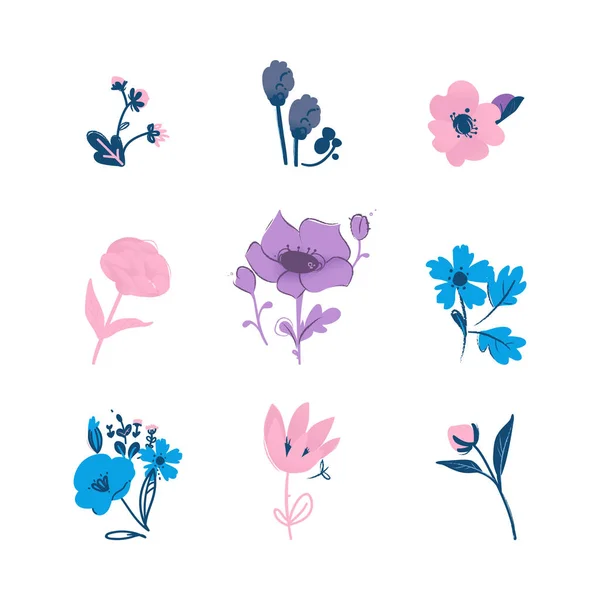 Πολύχρωμη συλλογή λουλουδιών με φύλλα και λουλούδια απεικόνιση φορέα απομονωμένη. — Διανυσματικό Αρχείο