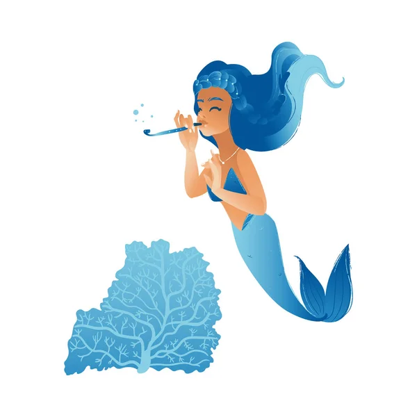 Linda sirena chica con pelo azul swimmin en el mar tocando una flauta — Vector de stock