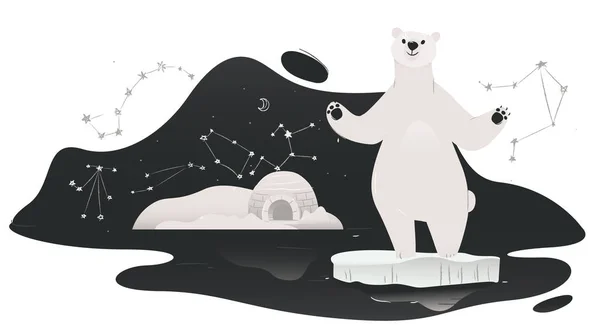En isbjörn står på en isfloe i norra ishavet mot bakgrund av en igloo. — Stock vektor