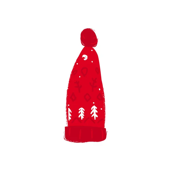 Зимняя красная теплая шляпа со скандинавским рисунком плоским вектором . — стоковый вектор