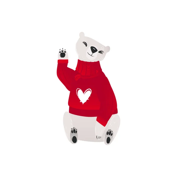 Bébé ours blanc polaire dans le pull d'hiver rouge illustration vectorielle plate isolé . — Image vectorielle