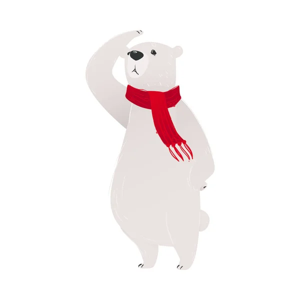 A piros sállal poláris fehér medve a hátsó lábain áll. — Stock Vector