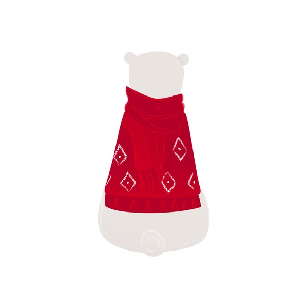 Oso blanco polar en un divertido suéter de Navidad sentado la vista desde atrás ilustración vector plano aislado . — Vector de stock