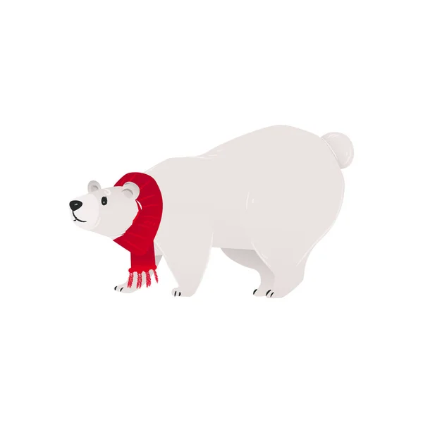 Polární medvěd v červeném šátku stojí na všech čtyřech, postava pro zimní a vánoční přání. — Stockový vektor