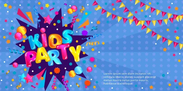 Kids party invitation flyer banner with text template, fun game zone confetti explosion card with colorful cartoon text — Stock Vector