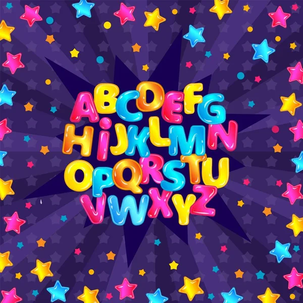 Colorido divertido alfabeto inglés con letras de dibujos animados brillantes y fondo púrpura estrellado — Vector de stock