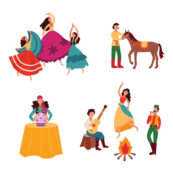 Gitanos o gitanos conjunto de ilustraciones vectoriales planas aisladas sobre fondo . — Vector de stock