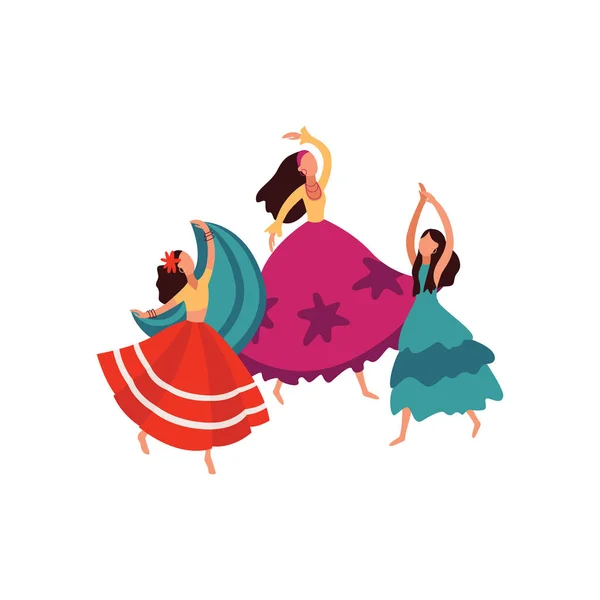 Cygańskie kobiety i dziewczęta tańczą w bujnych pięknych spódnicach. — Wektor stockowy