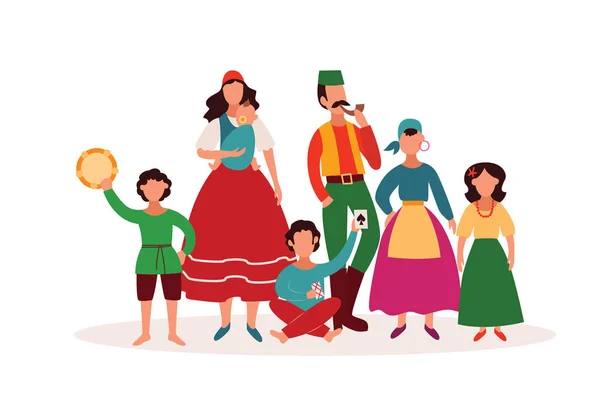 Gitani - famiglia di personaggi dei cartoni animati isolati in abiti tradizionali e manufatti della cultura rom — Vettoriale Stock