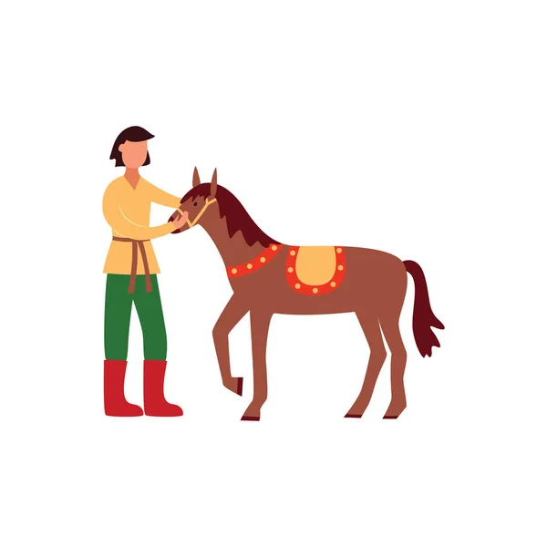 Brunet jeune homme gitan en pantalon traditionnel et chemise tient et caresse son cheval . — Image vectorielle