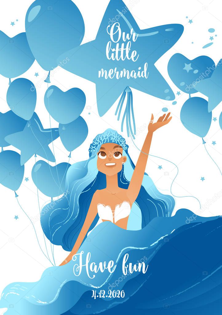 Birthday party invitation with mermaid and balloons flat vector illustration.