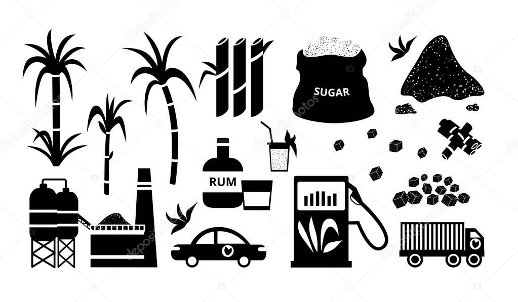 Black and white sugar cane icon set