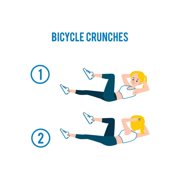 Crunches de bicicleta de exercícios de treino de abdominais e treinamento de fitness com jovem mulher loira caucasiana . —  Vetores de Stock