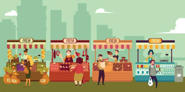 Place de marché locale avec des aliments frais dans une grande ville . — Image vectorielle