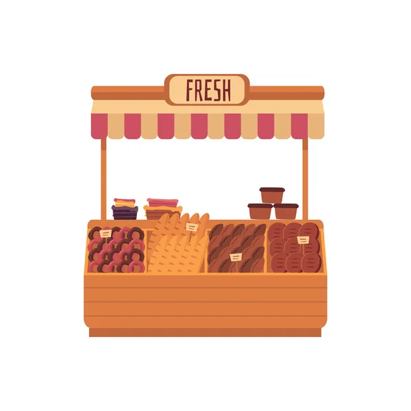 Place de marché - étal de boulangerie mignon avec pain frais et pâtisserie isolé sur fond blanc — Image vectorielle
