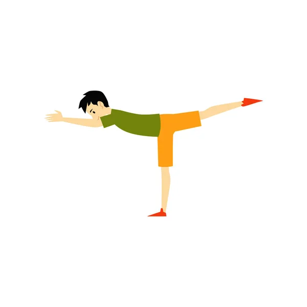 Man of Guy staande in evenwicht yoga Pose cartoon platte vector illustratie geïsoleerd. — Stockvector