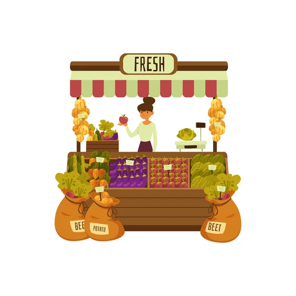 Stand de légumes frais - femme dessin animé vendant des fruits et légumes verts sur la place du marché de la rue . — Image vectorielle