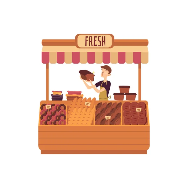 Homme au comptoir de boulangerie marché plat vecteur illustration isolé sur blanc . — Image vectorielle