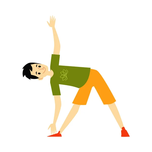 Man doet yoga-cartoon karakter staande in fitness oefening pose voor stretching en evenwicht. — Stockvector