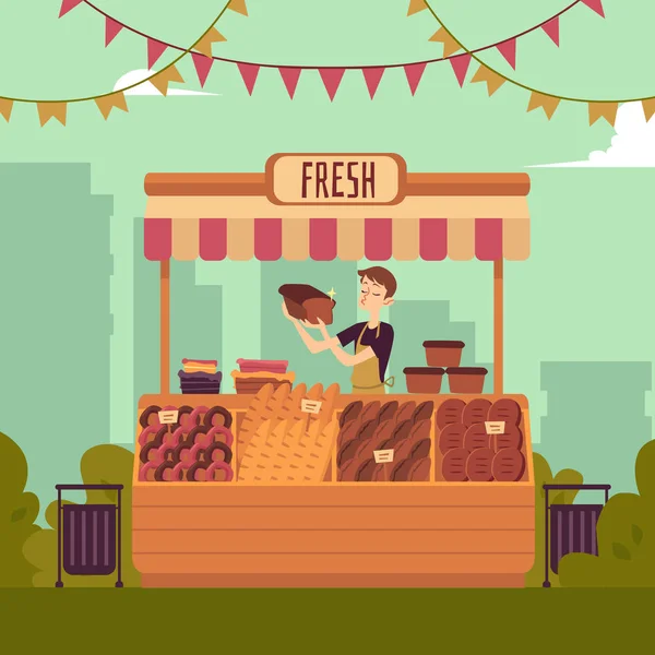 Comptoir de boulangerie marché plat vecteur illustration sur le fond du paysage urbain . — Image vectorielle
