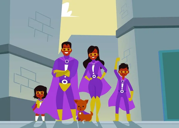 身着紫色西装和披风的黑皮肤超级英雄的非洲裔美国家庭. — 图库矢量图片