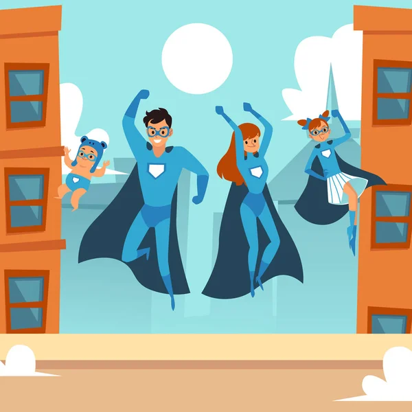 Família de super-heróis - feliz casal de desenhos animados com filha e bebê em traje de super herói —  Vetores de Stock