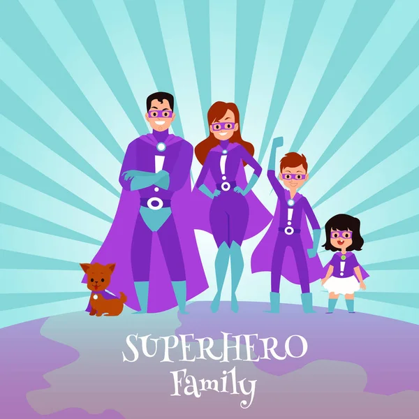 Família caucasiana de super-heróis em capas e figurinos . — Vetor de Stock