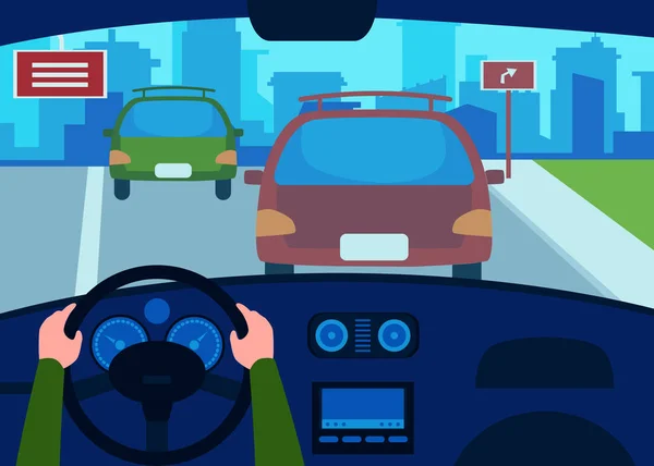 Водії інтер'єру автомобіля розміщують вигляд на дорозі та приладовій панелі плоский Векторні ілюстрації . — стоковий вектор