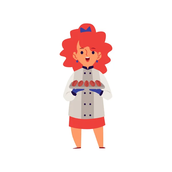 Fille dans un chef professionnel costume cuisine plat vecteur illustration isolé . — Image vectorielle