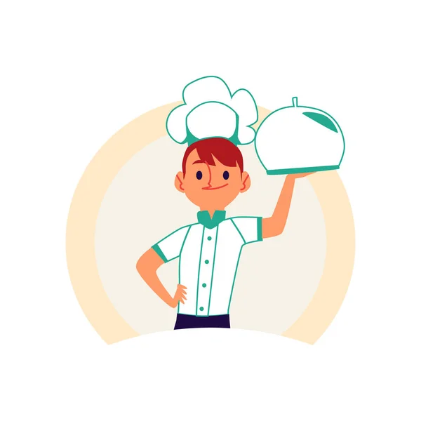 Chef niño sosteniendo una bandeja de comida con cubierta de metal aislado sobre fondo blanco — Vector de stock