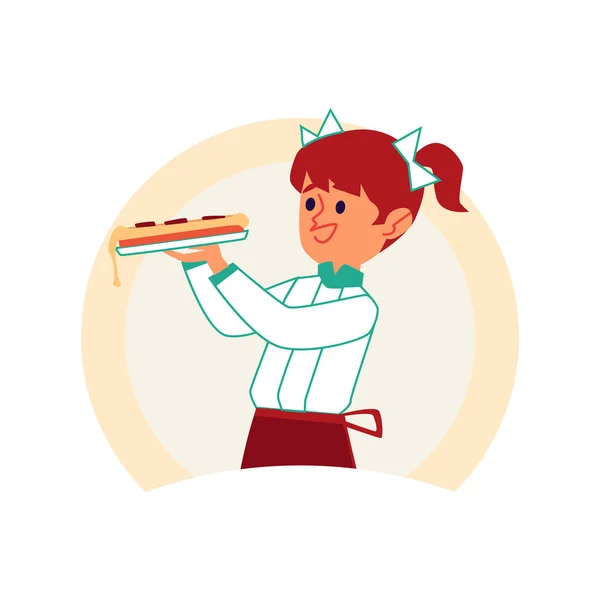 Petite fille aux cheveux rouges caucasiens avec des nattes et des arcs porte pizza . — Image vectorielle