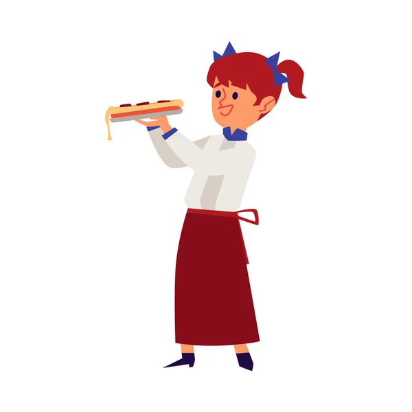 Chica en un uniforme de chef sostiene un pedazo de pizza plana vector ilustración aislado . — Vector de stock