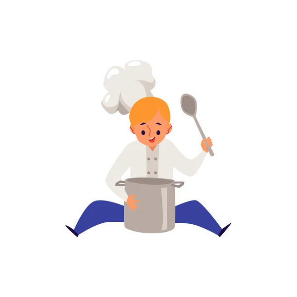 Garçon cuisinier en chef chat et uniforme cuisson des aliments dans une casserole — Image vectorielle