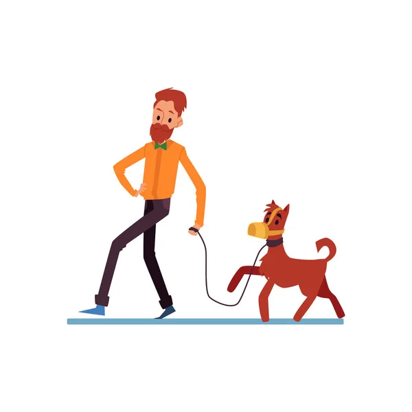 Hipster barbudo homem e seu cão andando plana desenho animado vetor ilustração isolado . —  Vetores de Stock