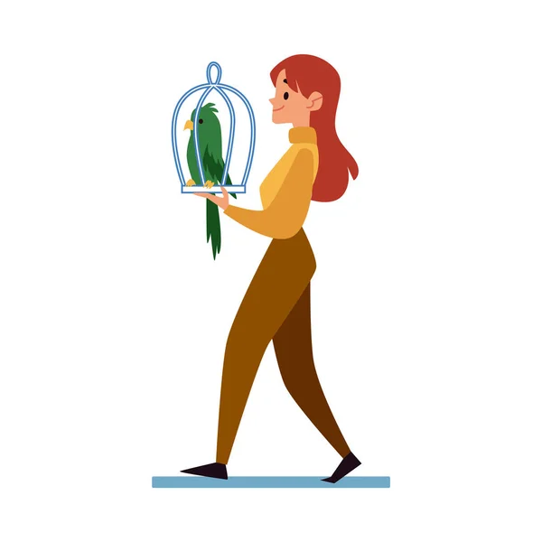 Mulher carregando uma gaiola com um papagaio plana ilustração vetorial cartoon isolado . — Vetor de Stock