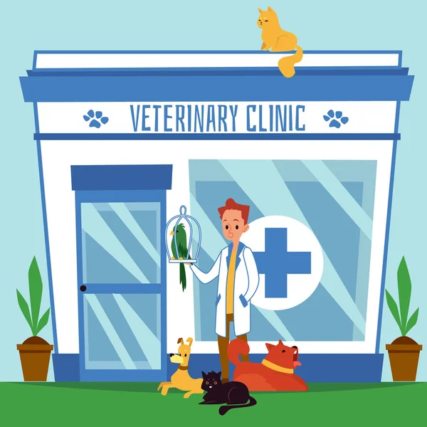 The exterior of the veterinary clinic with the doctor.